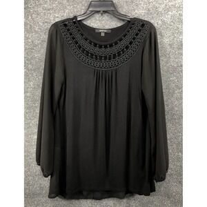 AUGUST SILK Shirt Women's Size S Long Sleeve Mesh Sleeves Crochet Back Blouse